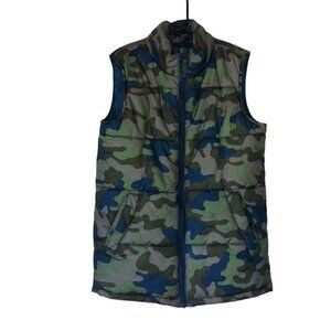 Lands End Kids Camouflage Puffer Vest S 8 Green & Blue Polyester